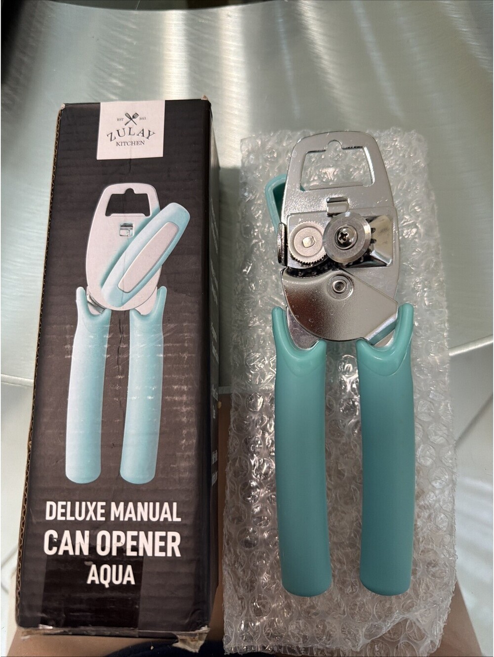 Zulay Kitchen Heavy Duty Stainless Steel Can Opener  Comfy Grip,Aqua , New